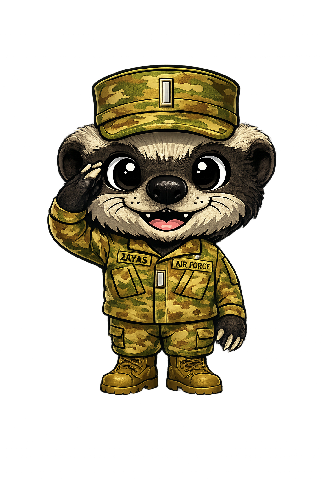 Zayas mascot in uniform saluting